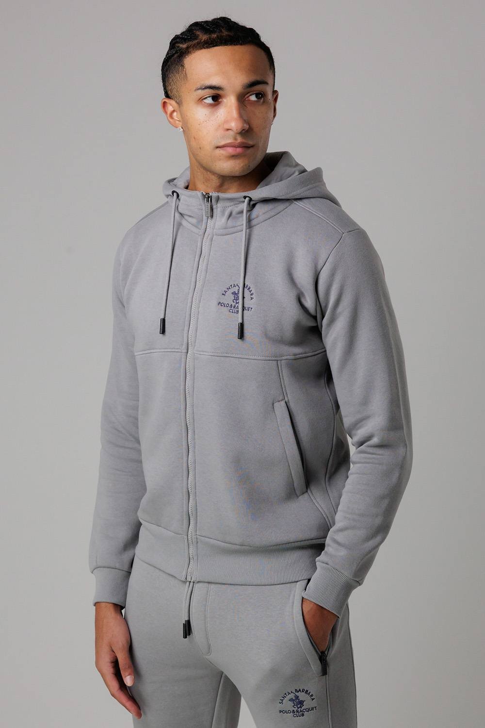 Santa Barbara Polo & Racquet Club Santa Barbara Polo & Racquet Club Men's Cotton Rich Zip Through Hoodie with Drawstring & Side Pockets in Grey - 3