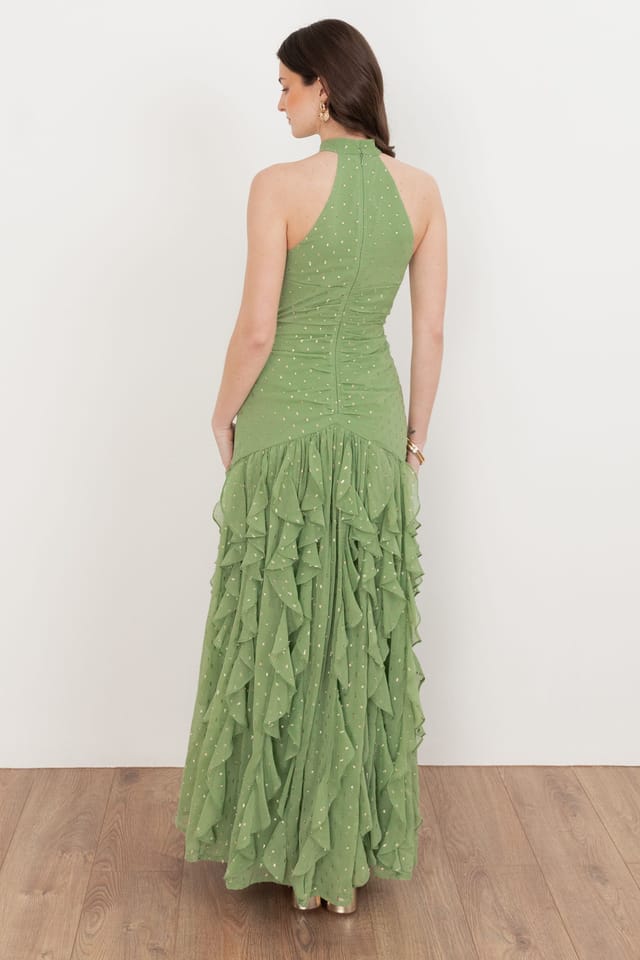 Anaya with Love Anaya with Love Women's Halter Neck Waterfall Ruffle Maxi Dress in Green - 2