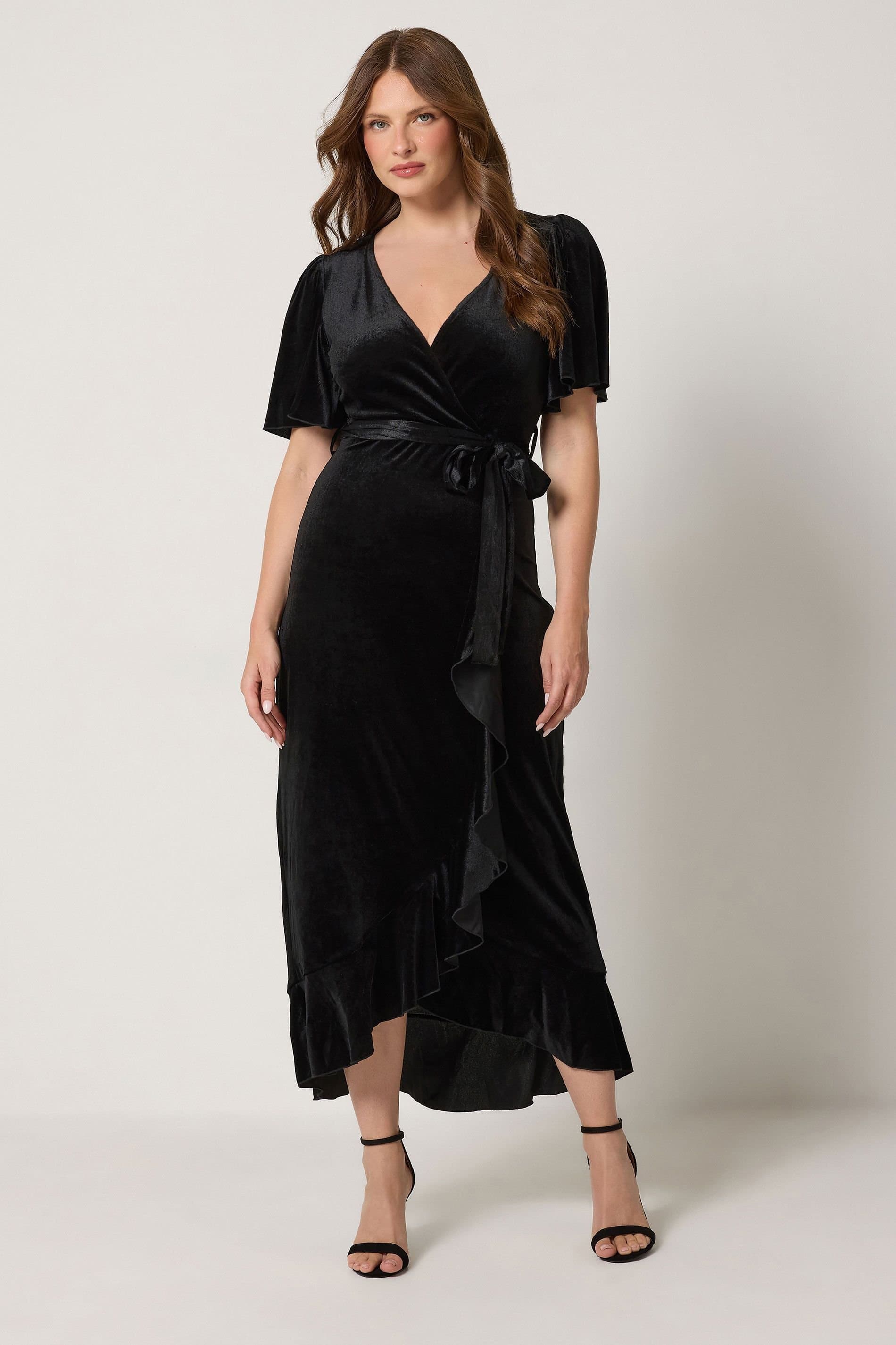 M&Co M&Co Women's Velvet Ruffle Wrap Dress in Black