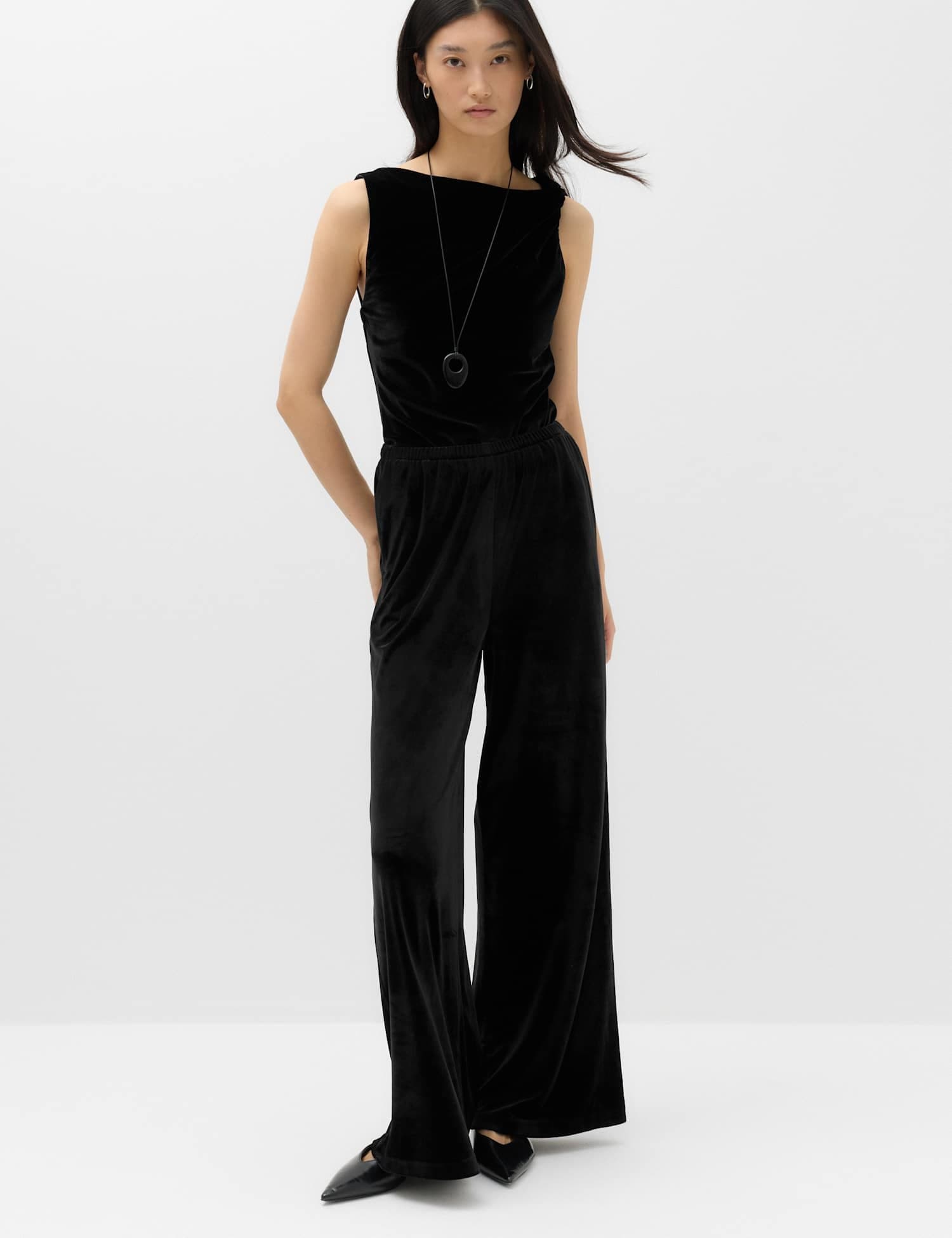 Marks & Spencer M&S Velvet Pull On Wide Leg Trousers Black