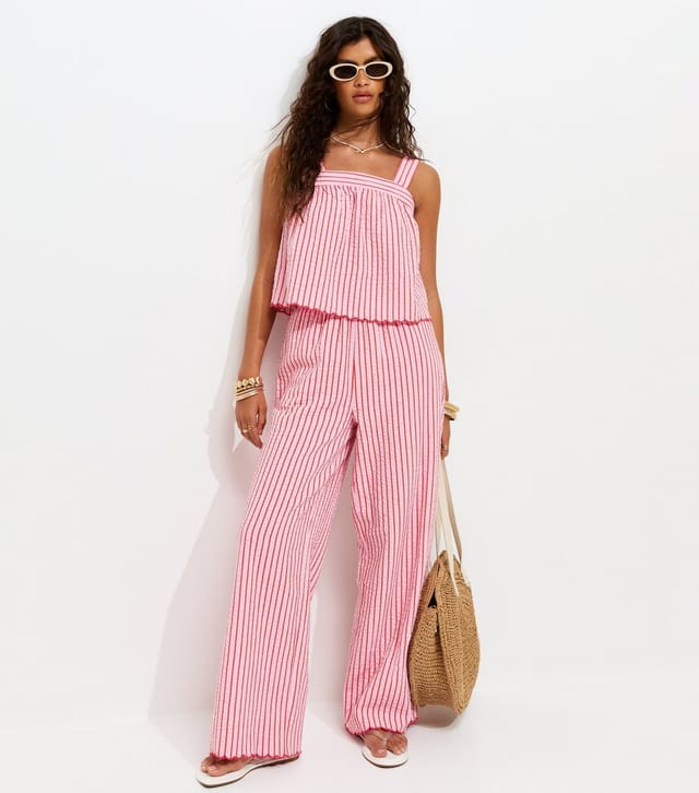 New Look Women's Pink Cotton Seersucker Scalloped Edge Trousers New Look - 2