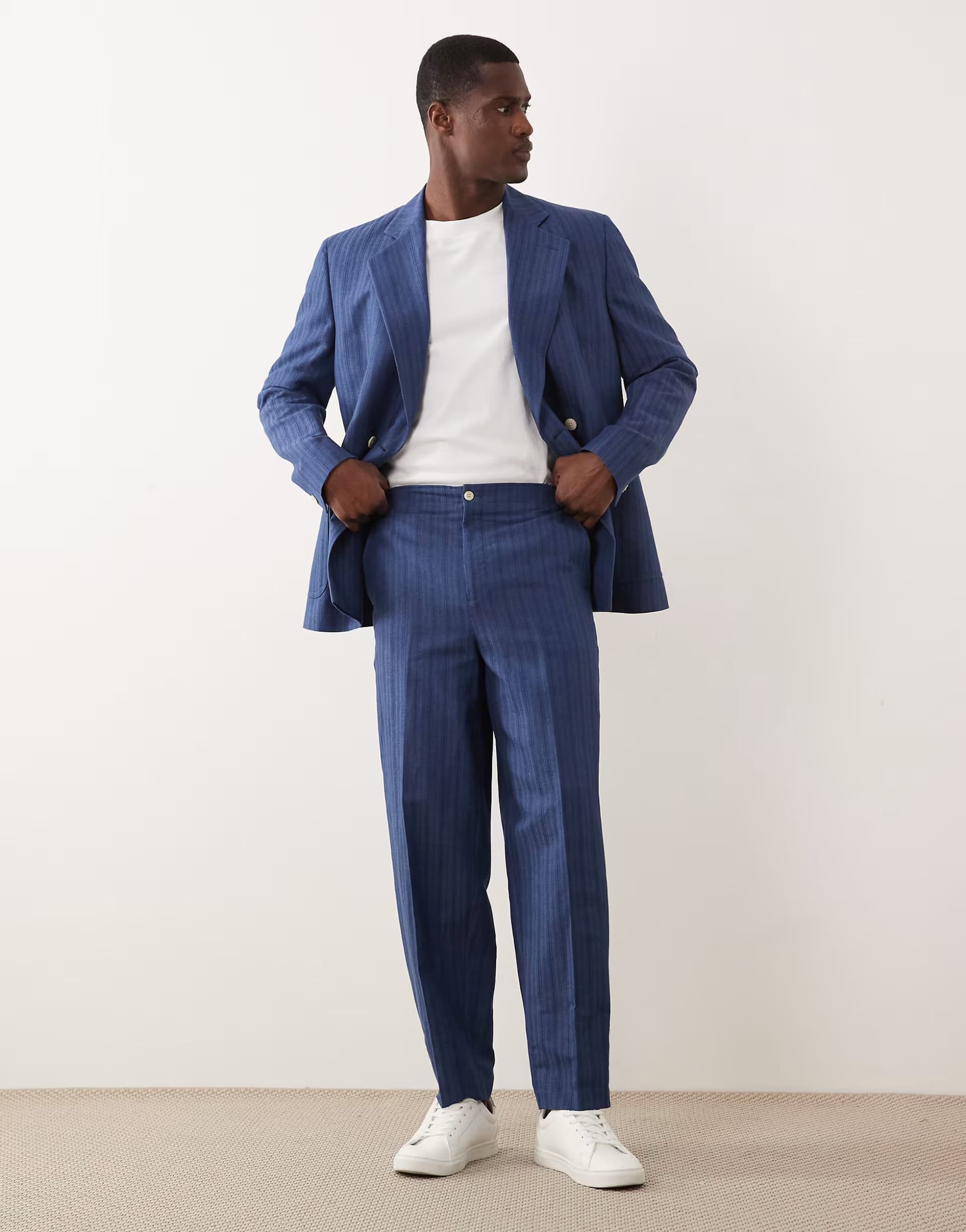 ASOS ASOS DESIGN linen blend oversized tapered suit trouser in blue stripe