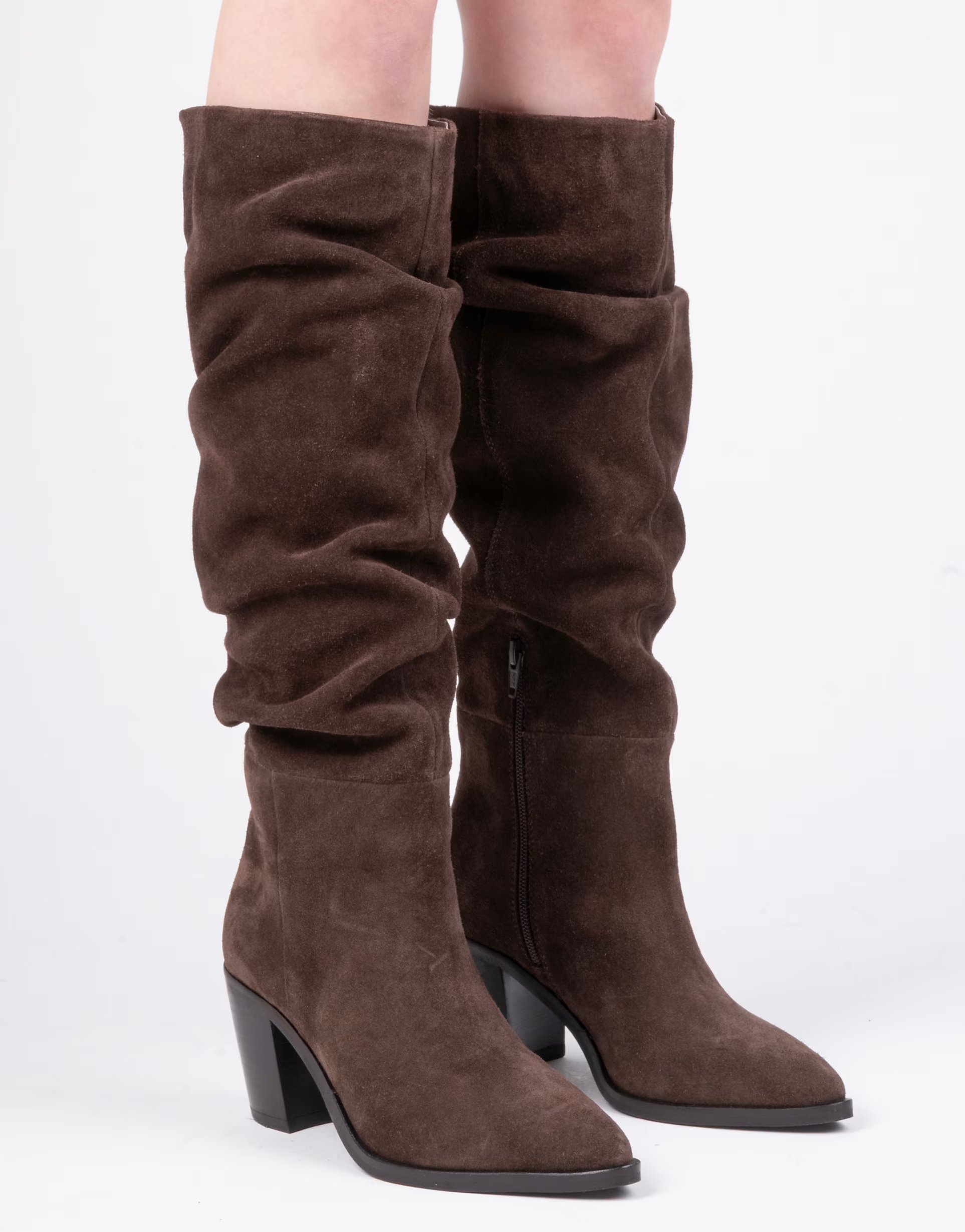 ASOS Off The Hook Muswell suede leather slouchy knee-high block heel boots in brown - 1