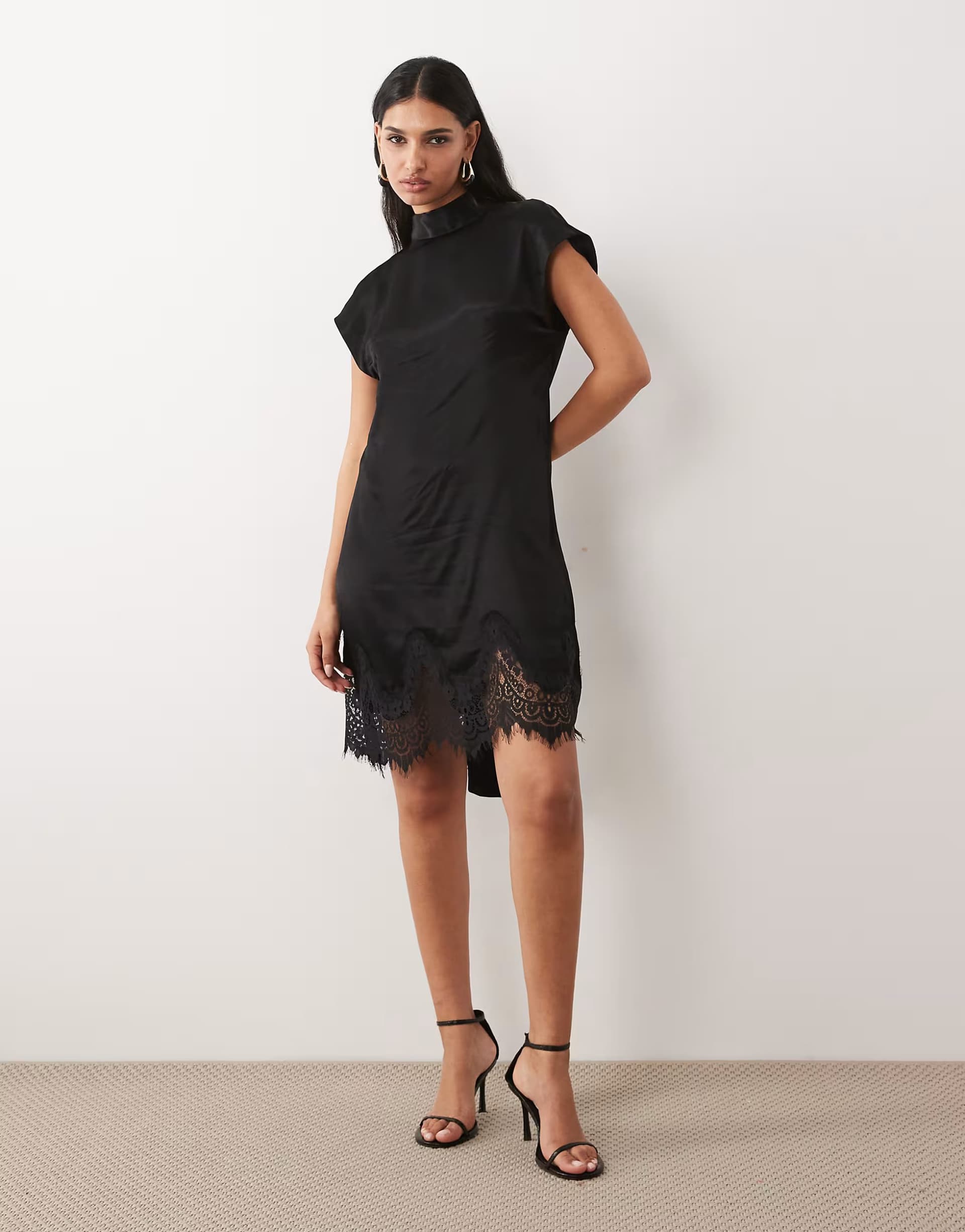 ASOS ASOS DESIGN satin scarf detail lace hem mini dress in black