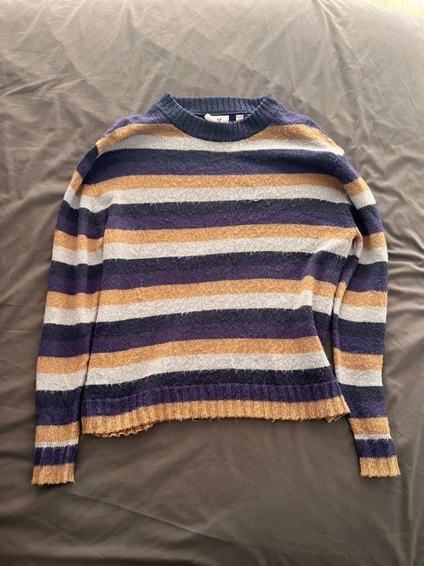 ASOS Men's Beige and Lilac Striped Knitted Jumper