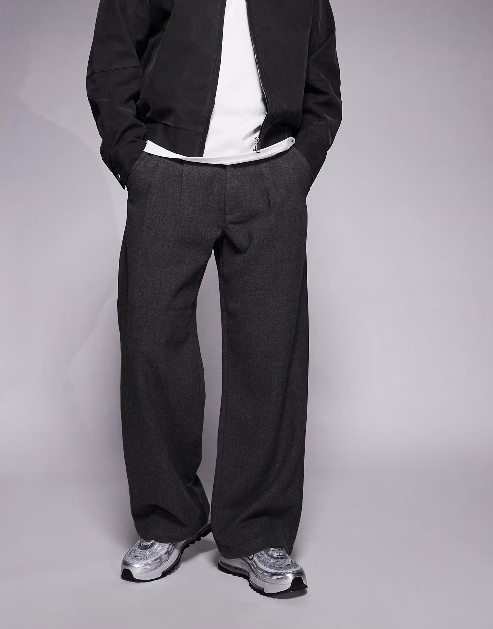 ASOS Prohibited double pleated wool look club trousers in charcoal grey