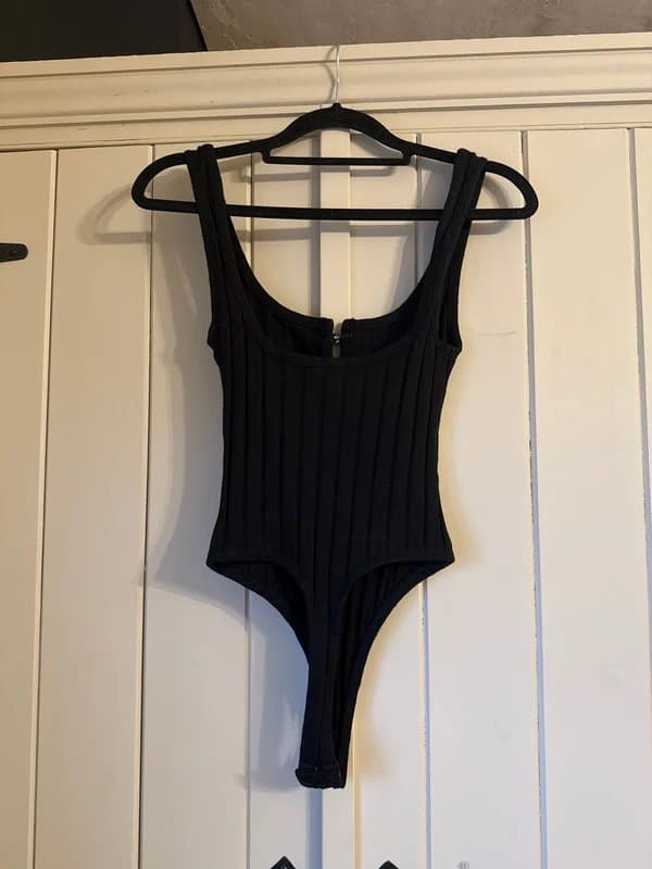 Bershka Black Ribbed Bodysuit with Diamanté Buttons