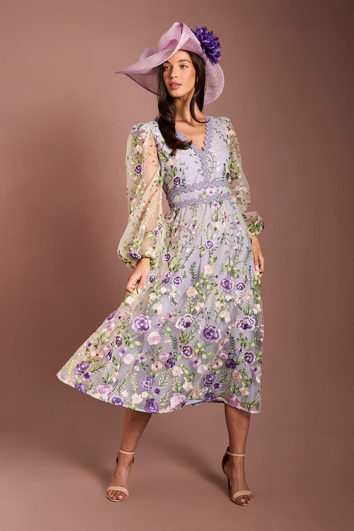 Coast Coast Women's Lisa Tan Long Sleeve Embroidered Mesh Midi Dress in Purple