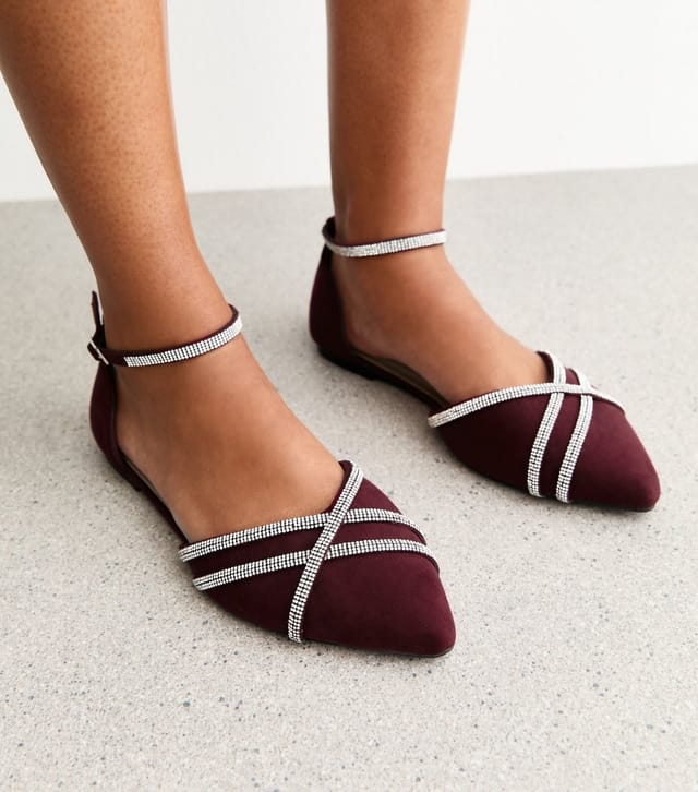 New Look Women's Wide Fit Burgundy Faux Suede Bling Ballerina Pumps Vegan New Look - 2
