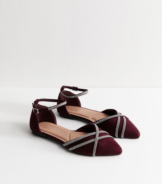 New Look Women's Wide Fit Burgundy Faux Suede Bling Ballerina Pumps Vegan New Look - 3