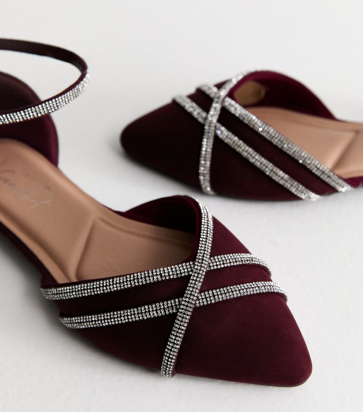 New Look Women's Wide Fit Burgundy Faux Suede Bling Ballerina Pumps Vegan New Look - 4