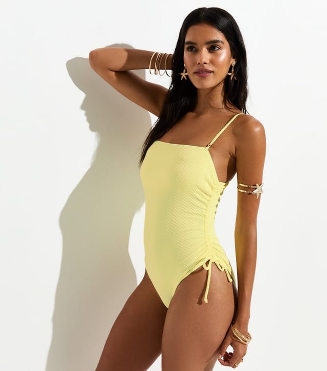 New Look Women's Light Yellow Zig Zag Textured Ruched Side Swimsuit New Look - 3