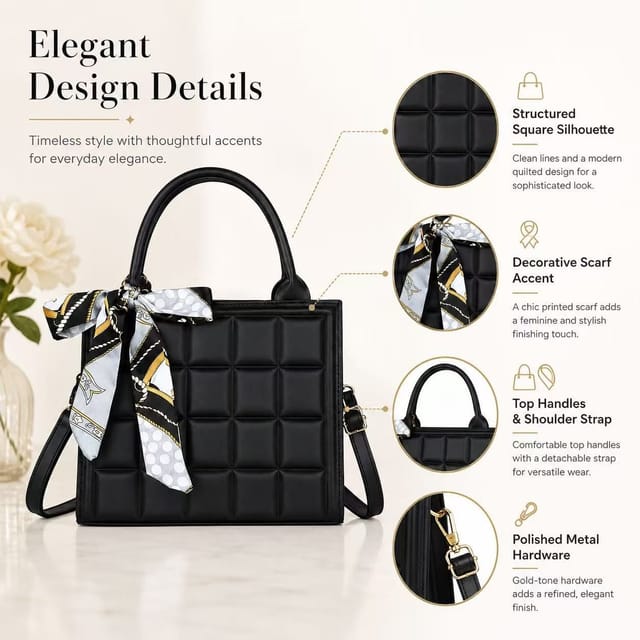 BluCore BluCore Women's Hand bag with Detachable Shoulder Strap & Decorative Scarf in Black - 2