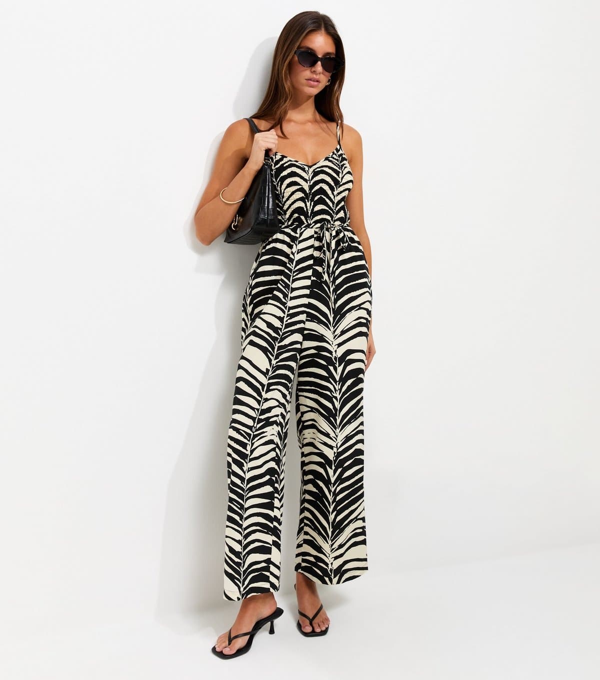 New Look Women's Black Abstract Print Shirred Wide Leg Jumpsuit New Look