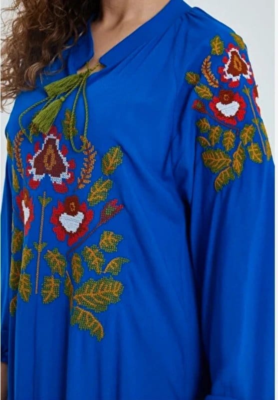 Vintage Dressing Vale Woman Embroidered Boho Maxi Dress Royal Blue 100 Percent Viscose One Size - 1