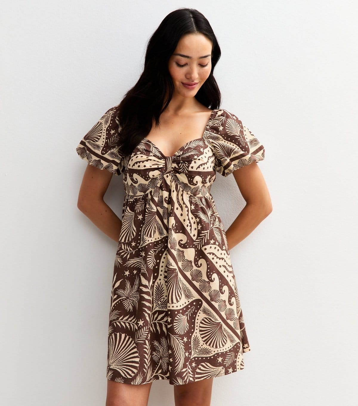 New Look Brown Shell Print Puff Sleeve Mini Dress