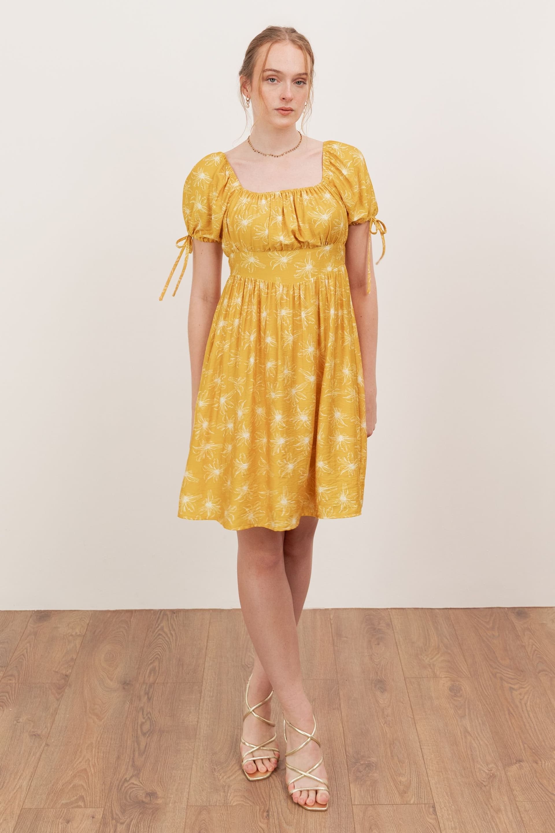 Lovedrobe Lovedrobe Women's Elasticated Square Neck Short Sleeve Mini Dress in Yellow