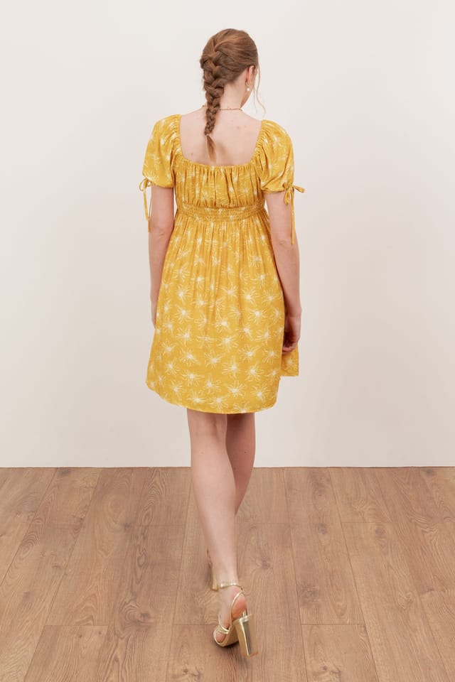 Lovedrobe Lovedrobe Women's Elasticated Square Neck Short Sleeve Mini Dress in Yellow - 2