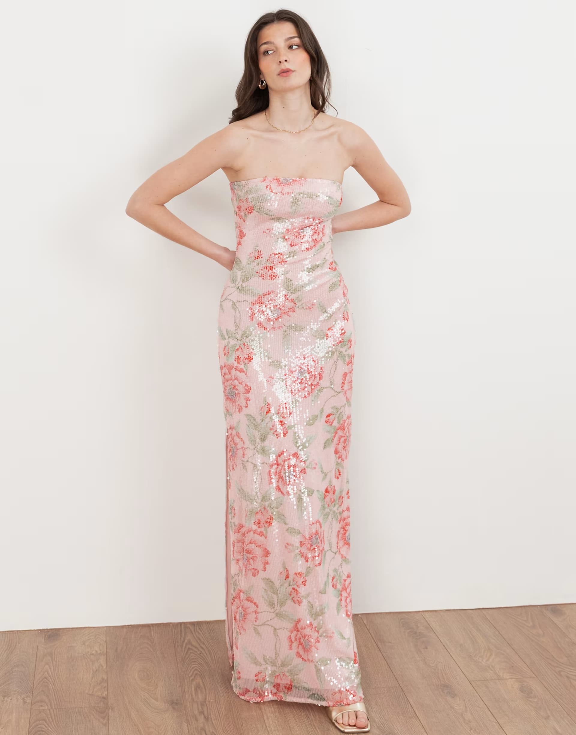 ASOS Maya Printed sequin bandeau maxi dress in pink