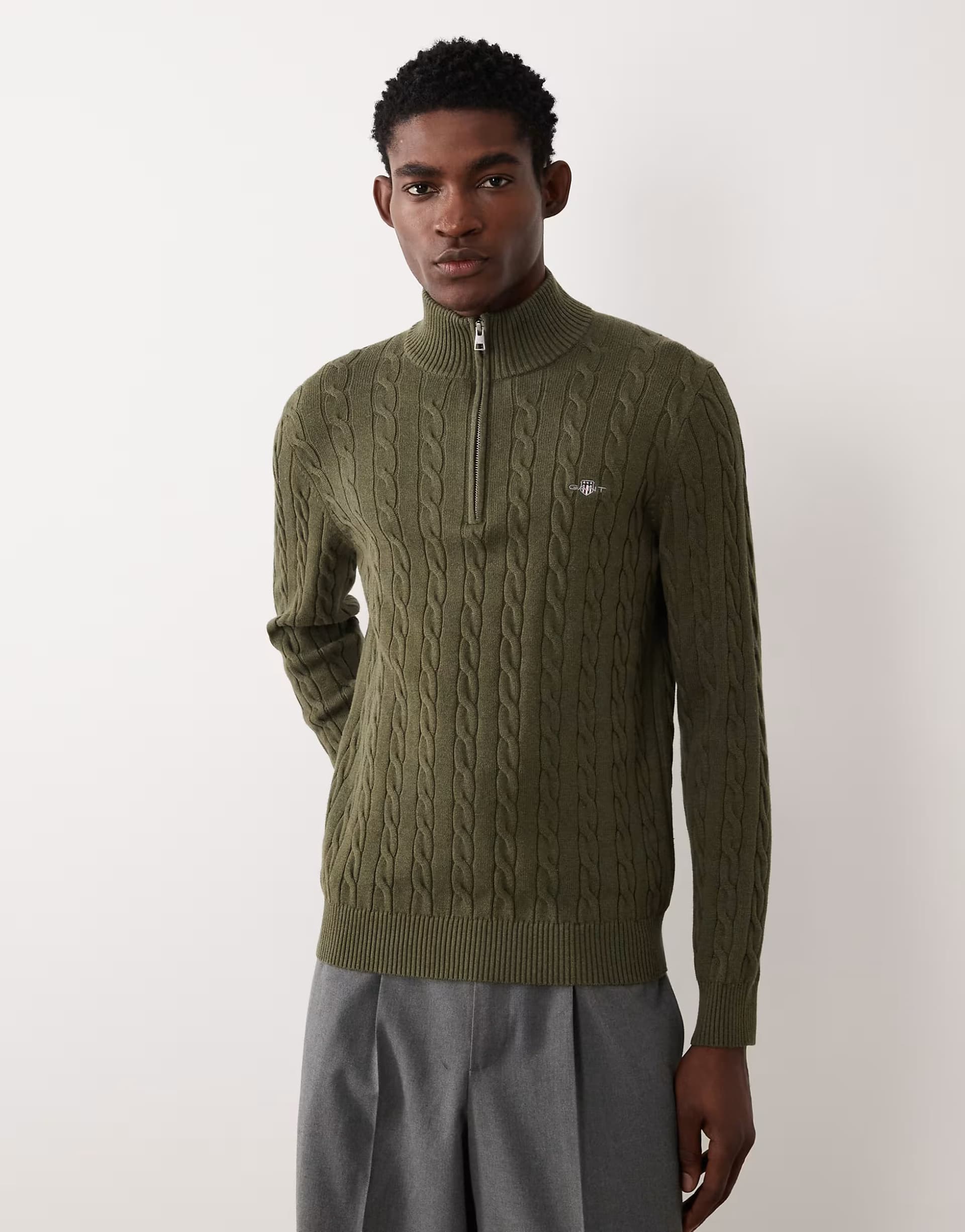 ASOS GANT Cotton cable knit half zip jumper in Khaki