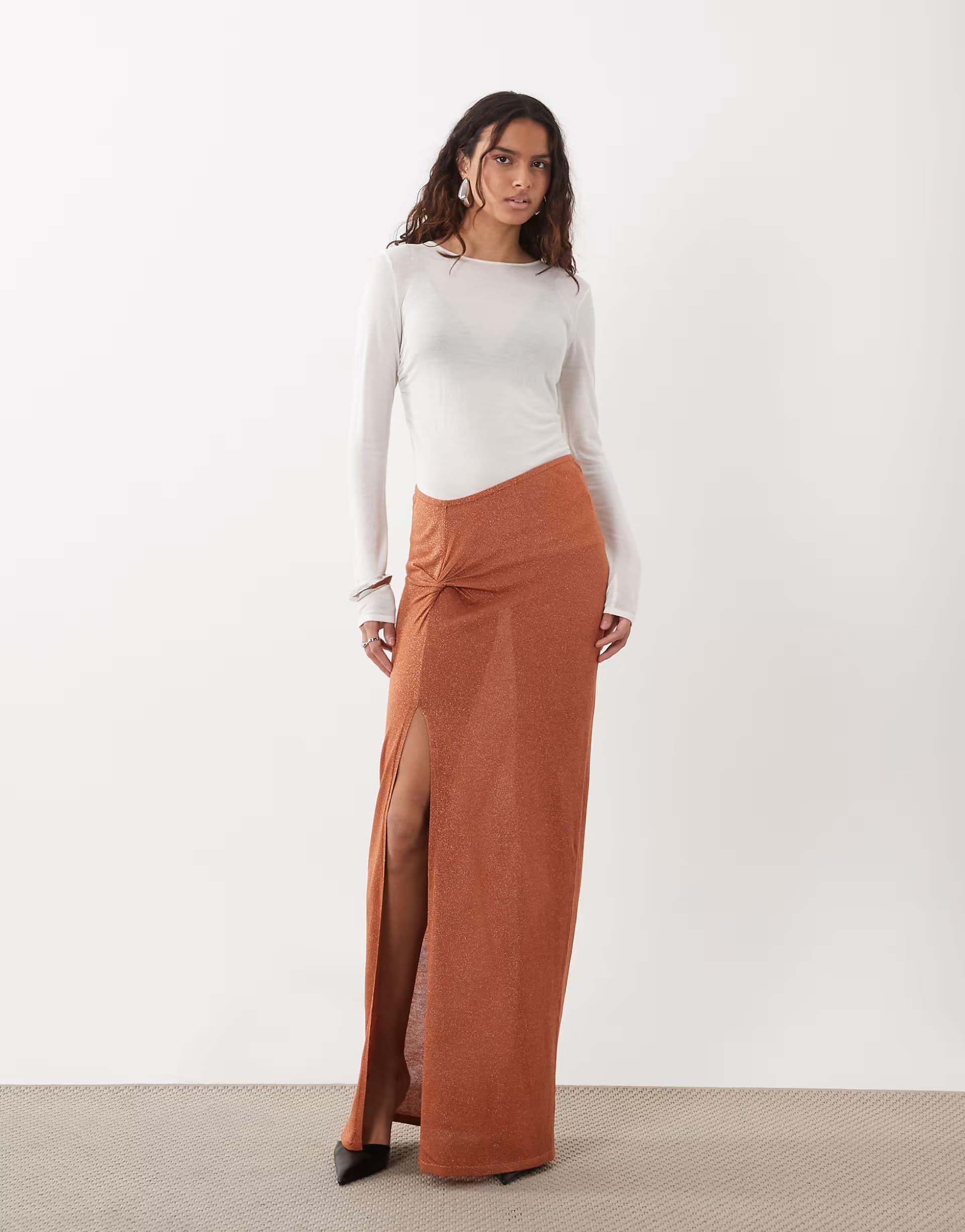 ASOS Miss Selfridge glitter knit twist detail maxi skirt in congac