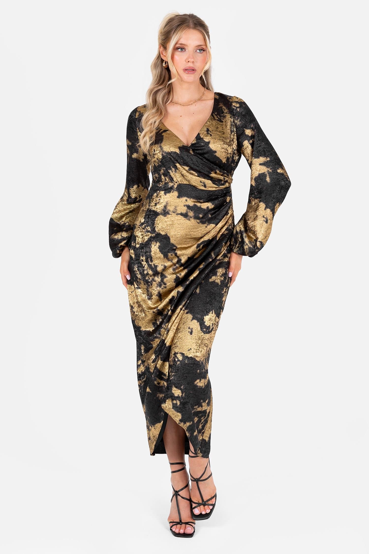Lovedrobe Lovedrobe Women's Long Sleeve Faux Wrap Gathered Midaxi Dress