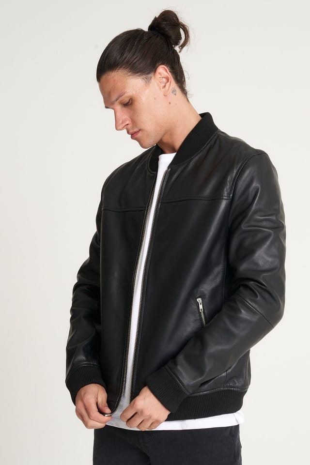Barneys Originals Barneys Originals Men's Fine Milled Leather Bomber Jacket in Black - 2