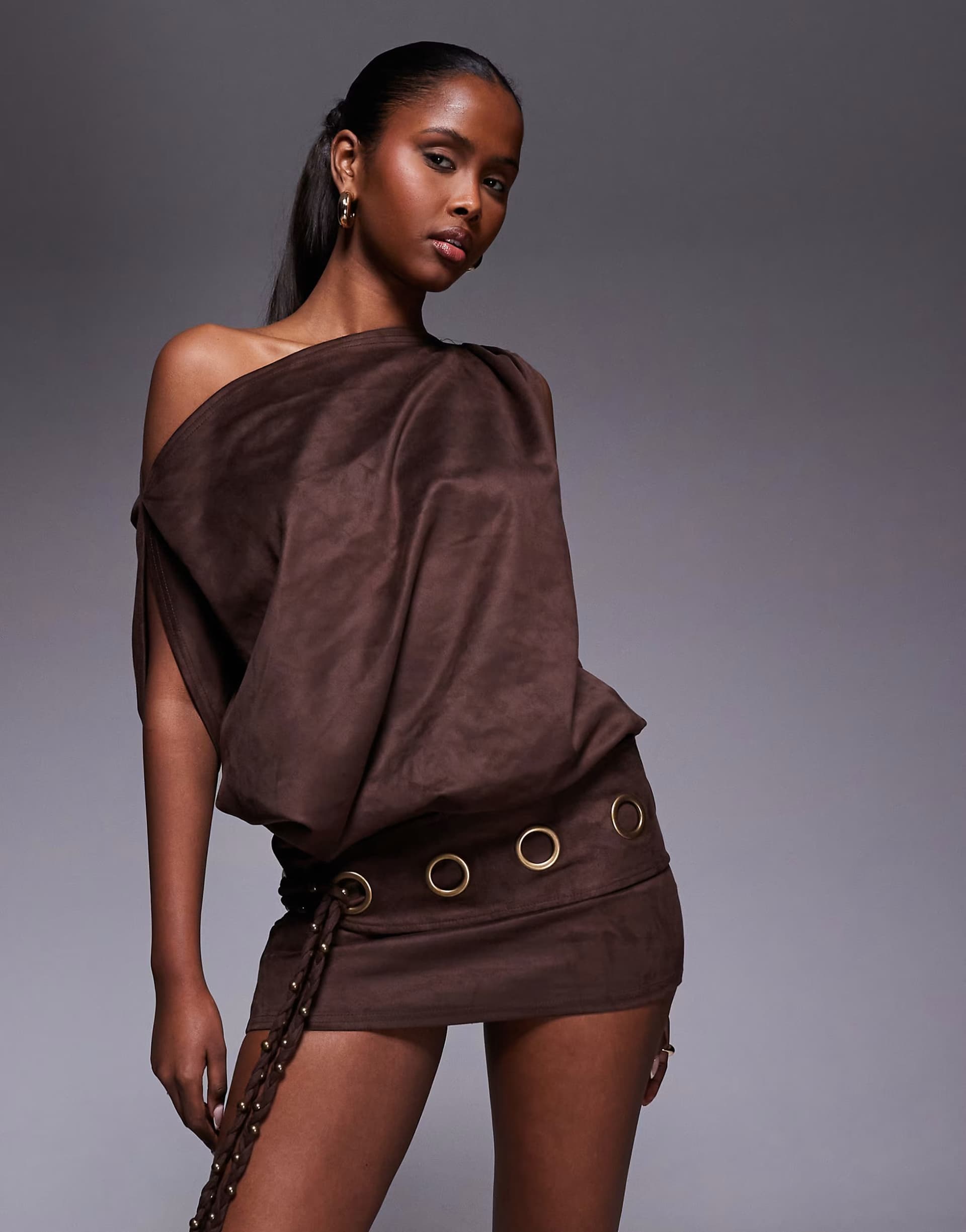 ASOS Murci faux suede off shoulder fold over top eyelet belt detail mini dress in chocolate