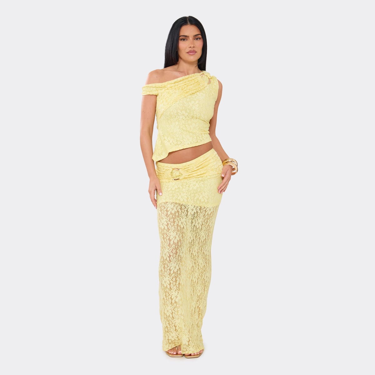 EGO Trim Detail Maxi Skirt In Lemon Lace, Women's Size UK 6 - 1