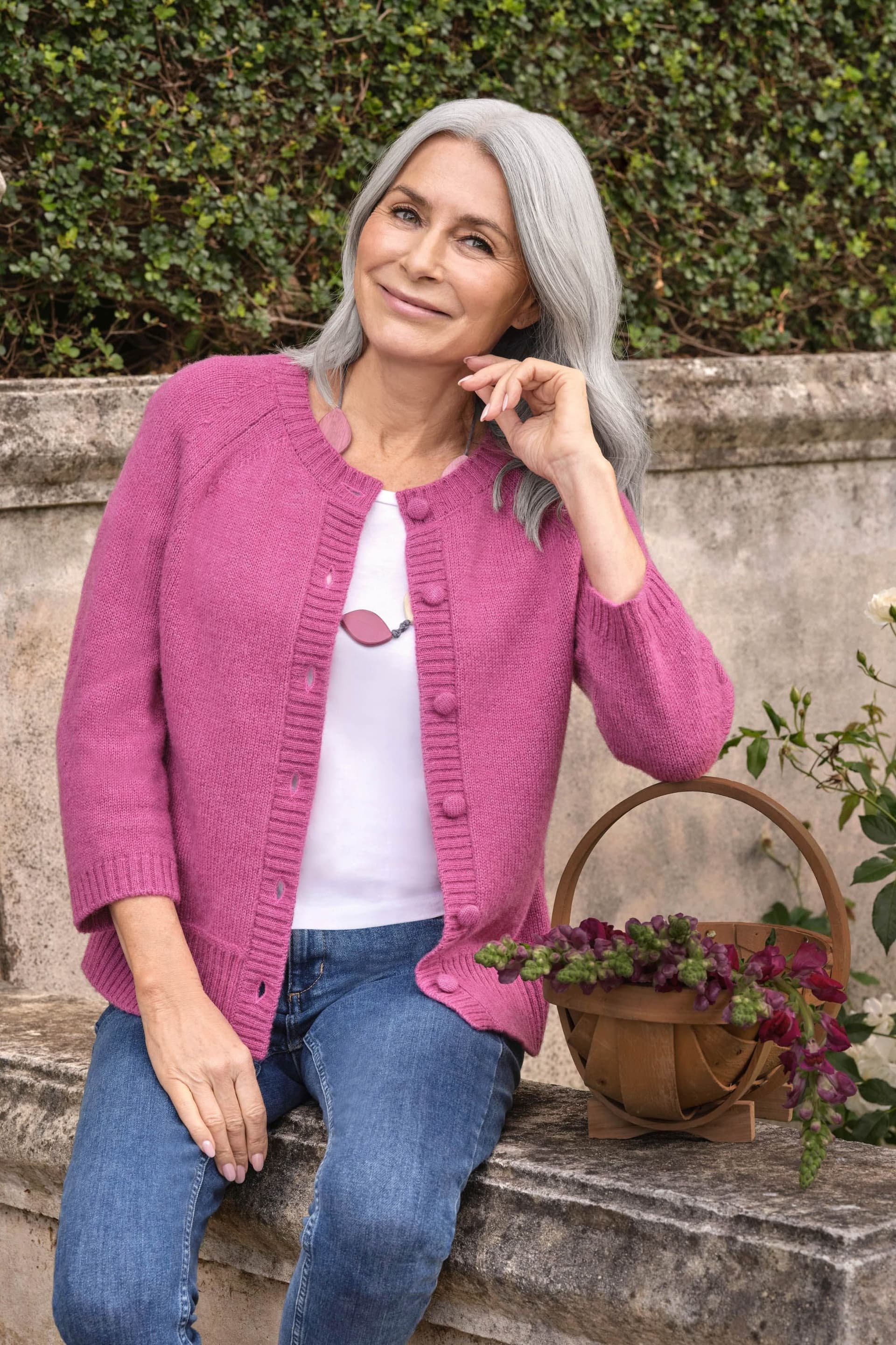 WoolOvers WoolOvers Women's Wool Blend 3/4 Sleeve Cardigan in Magenta