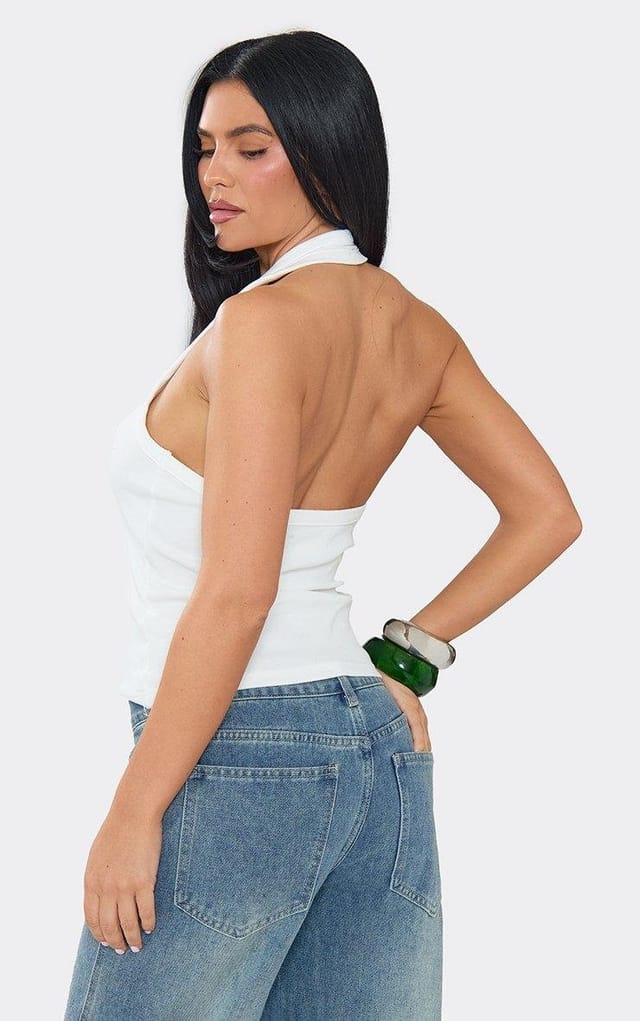 EGO Halterneck Trim Detail Fitted Top In White, Women's Size UK 6 - 2