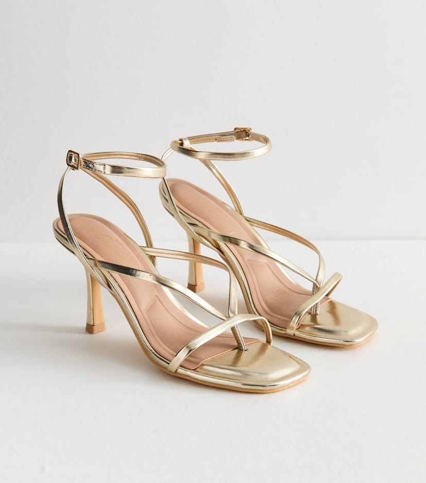 New Look Women's Gold Faux Leather Toepost Strappy Stiletto Heels 80 Vegan New Look - 1