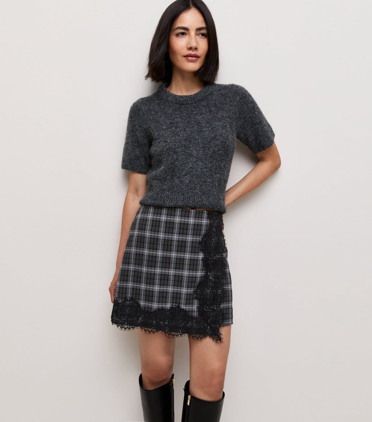 New Look Women's Grey Woven Check Lace Mini Skirt New Look