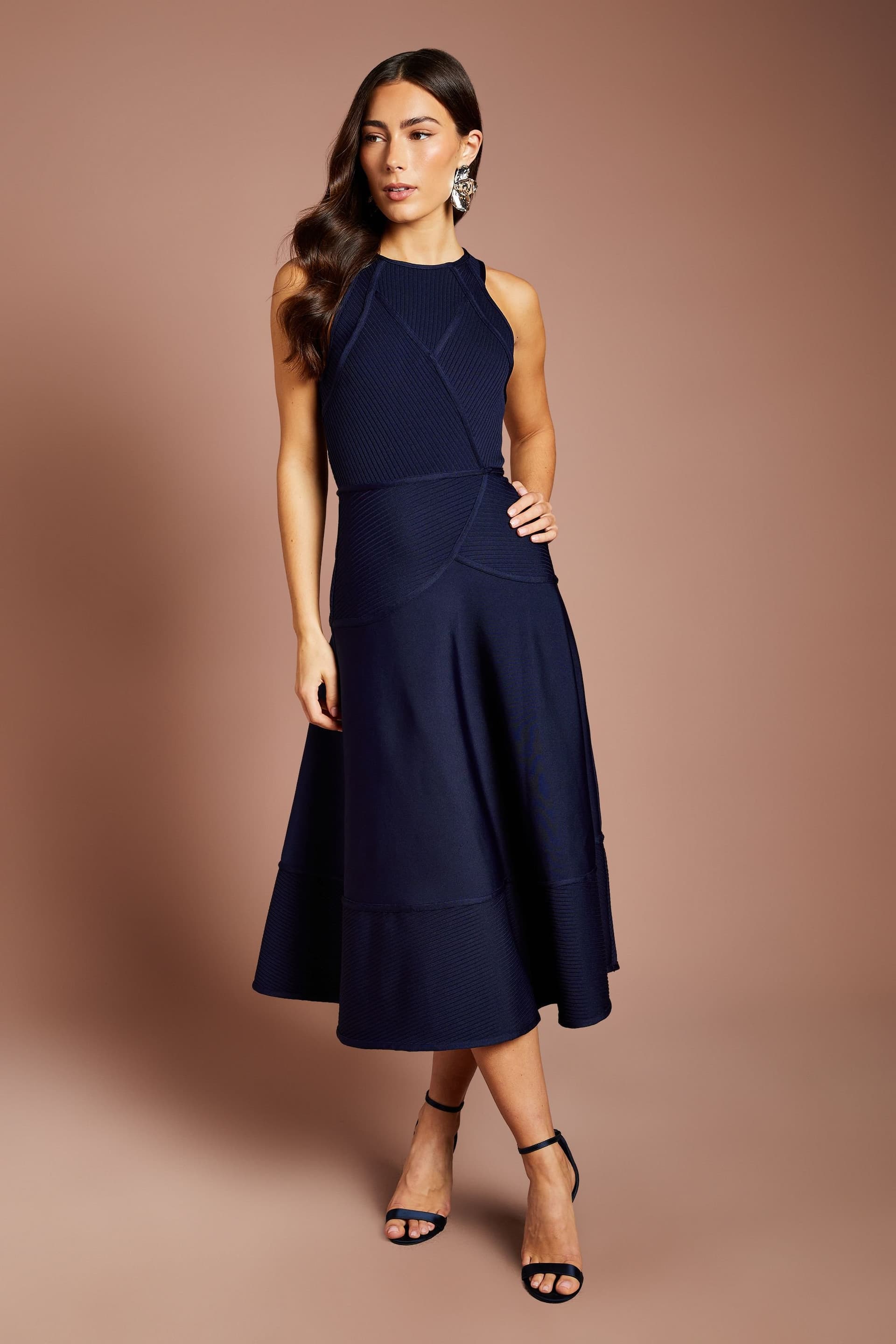 Coast Coast Women's Ribbed Bandage Halterneck Midi Dress in Navy