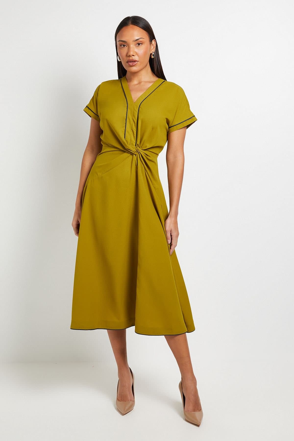 Principles Principles Women's Contrast Piped Twist Front Midi Dress in Olive