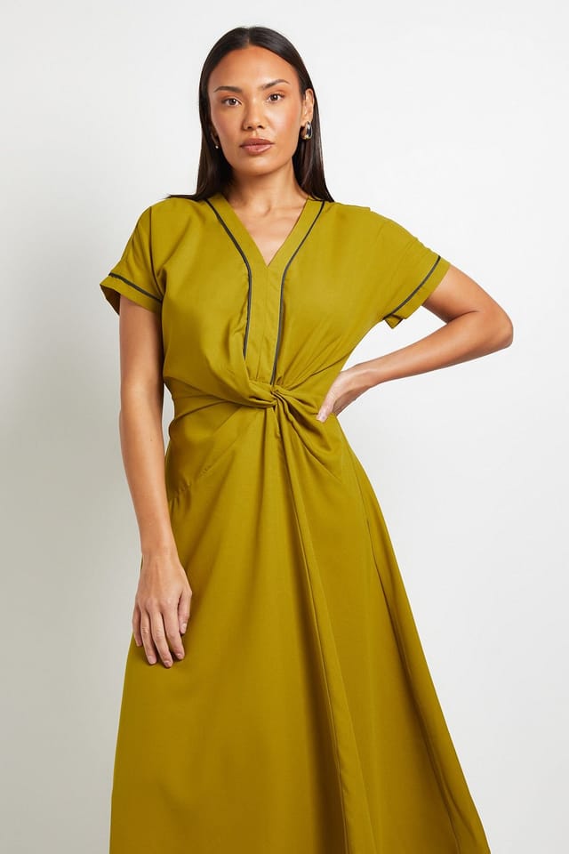 Principles Principles Women's Contrast Piped Twist Front Midi Dress in Olive - 2