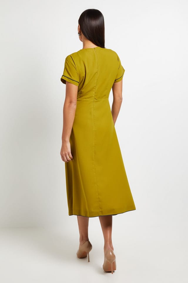 Principles Principles Women's Contrast Piped Twist Front Midi Dress in Olive - 3
