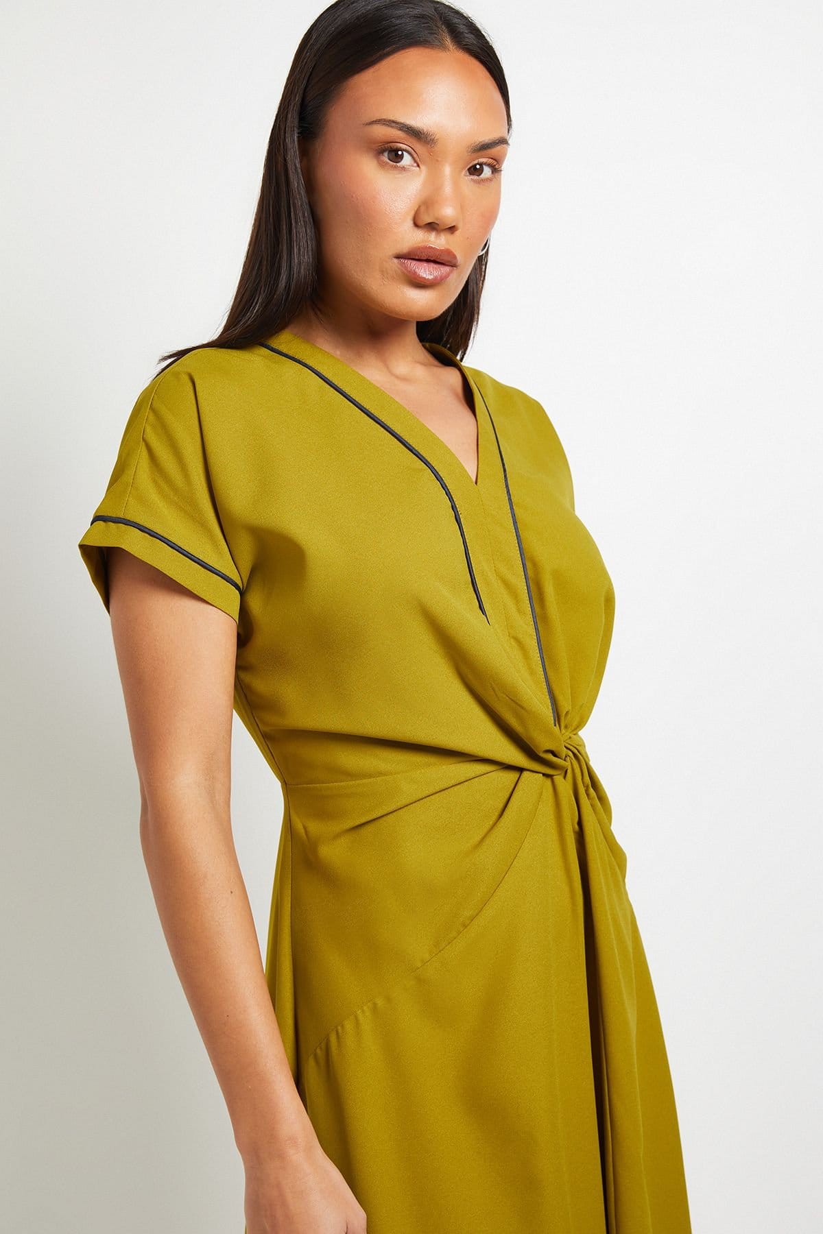 Principles Principles Women's Contrast Piped Twist Front Midi Dress in Olive - 4