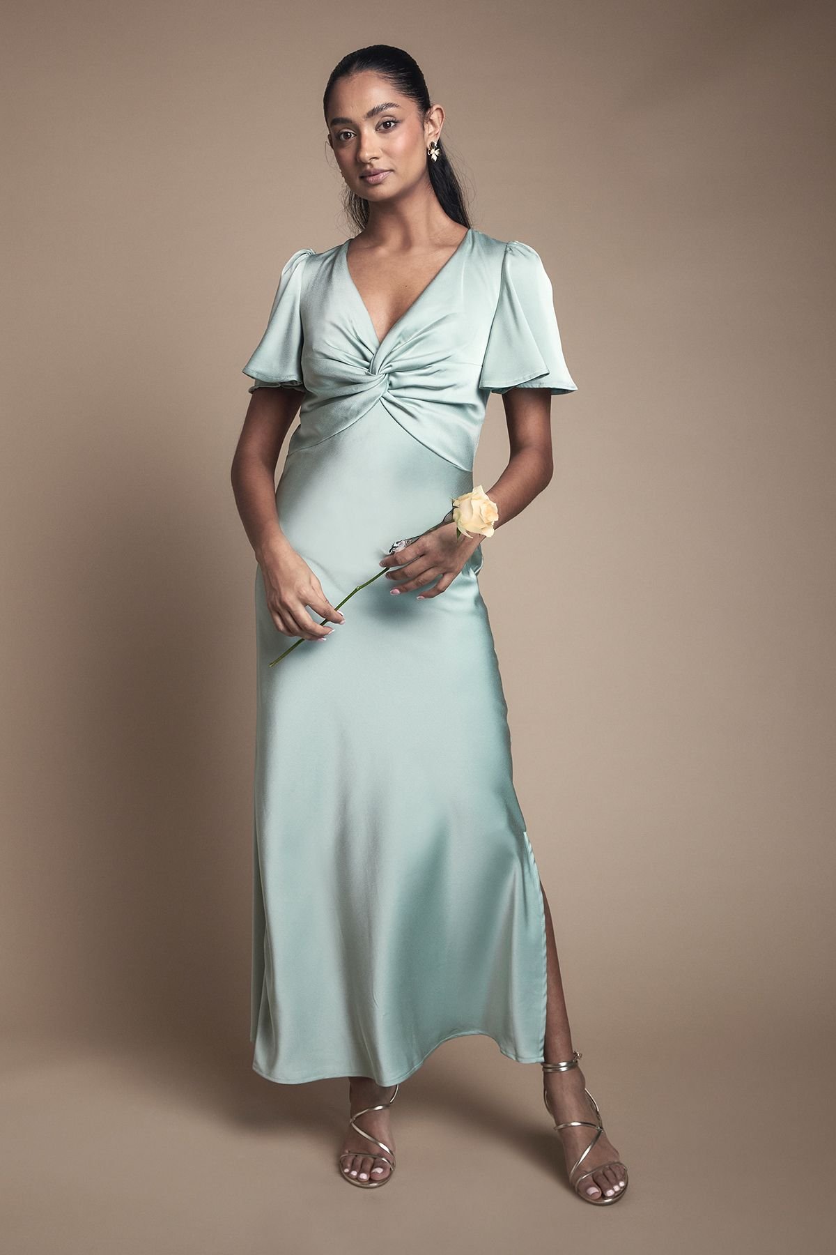 Oasis Oasis Women's Satin Twist Front Angel Sleeve Midi Bridesmaid Dress in Sage - 2
