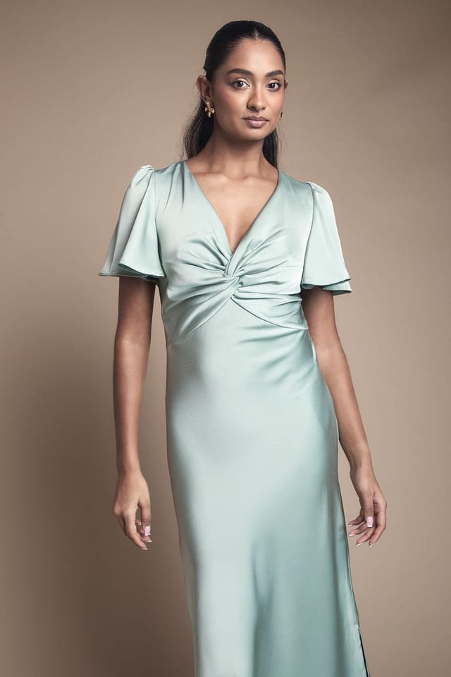 Oasis Oasis Women's Satin Twist Front Angel Sleeve Midi Bridesmaid Dress in Sage - 2