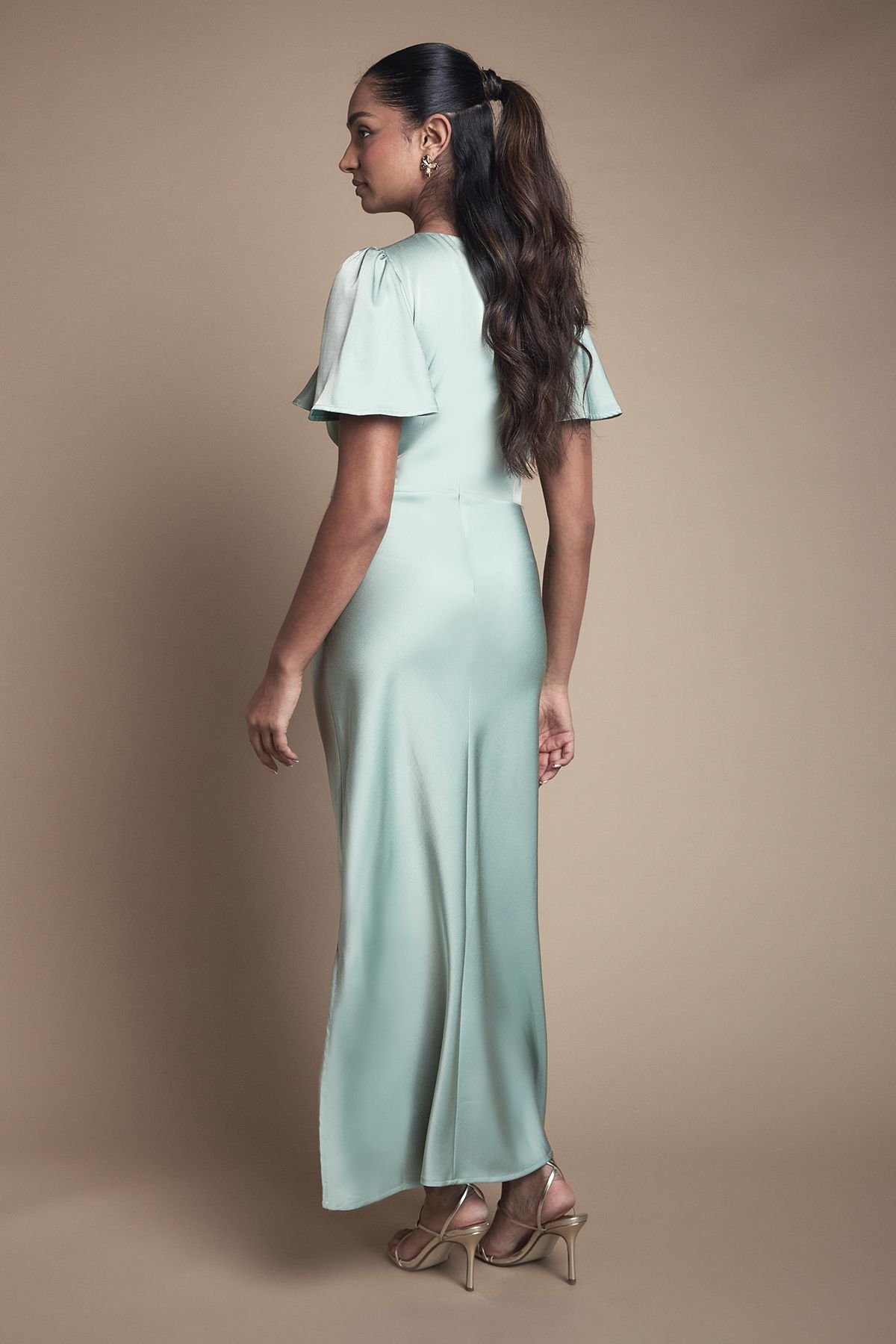 Oasis Oasis Women's Satin Twist Front Angel Sleeve Midi Bridesmaid Dress in Sage - 3