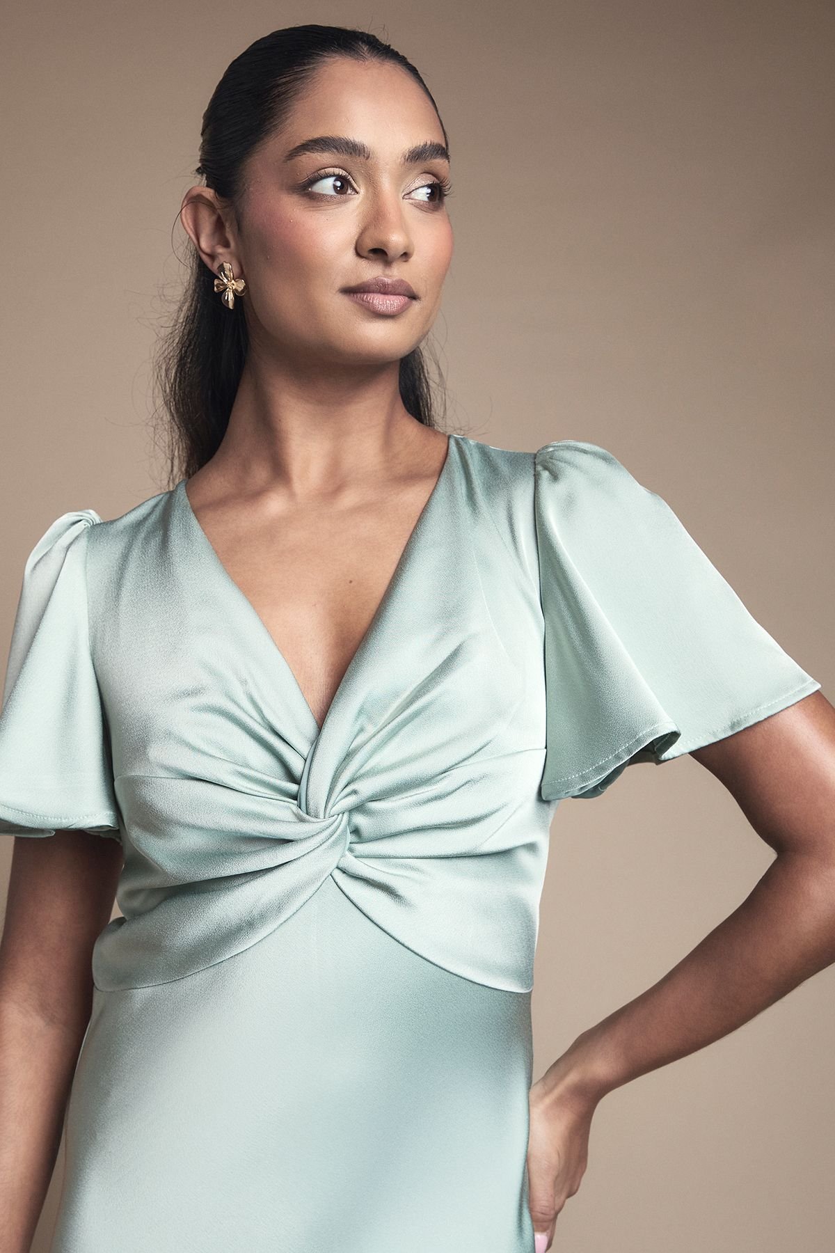 Oasis Oasis Women's Satin Twist Front Angel Sleeve Midi Bridesmaid Dress in Sage - 4