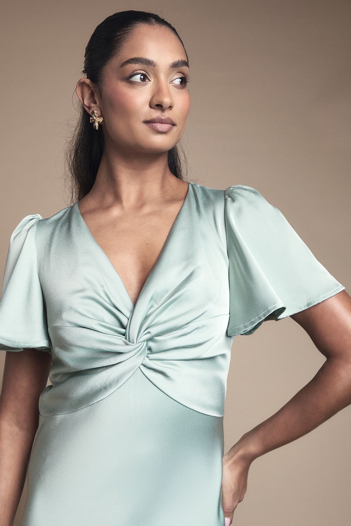 Oasis Oasis Women's Satin Twist Front Angel Sleeve Midi Bridesmaid Dress in Sage - 4