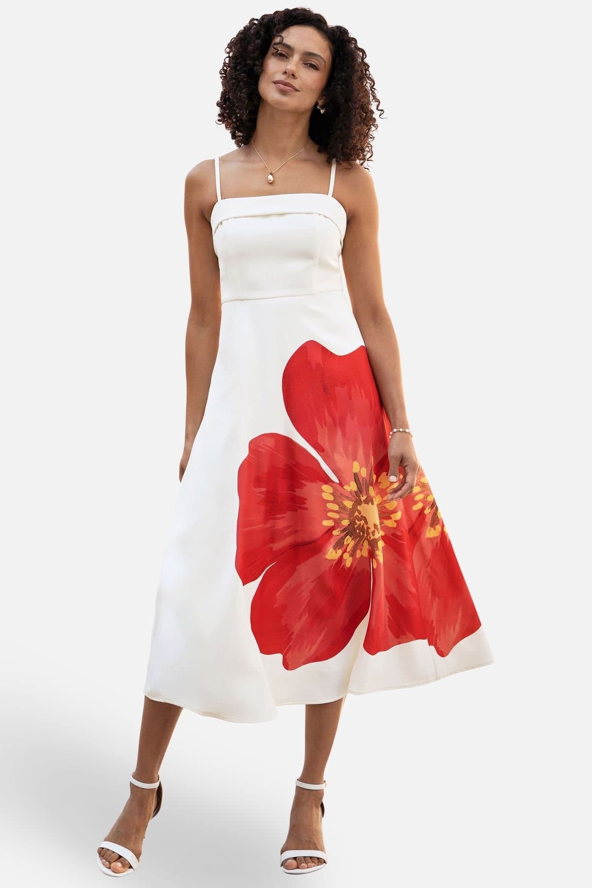 Yumi Yumi Women's White Oversize Poppy Placement Midi Sun Dress