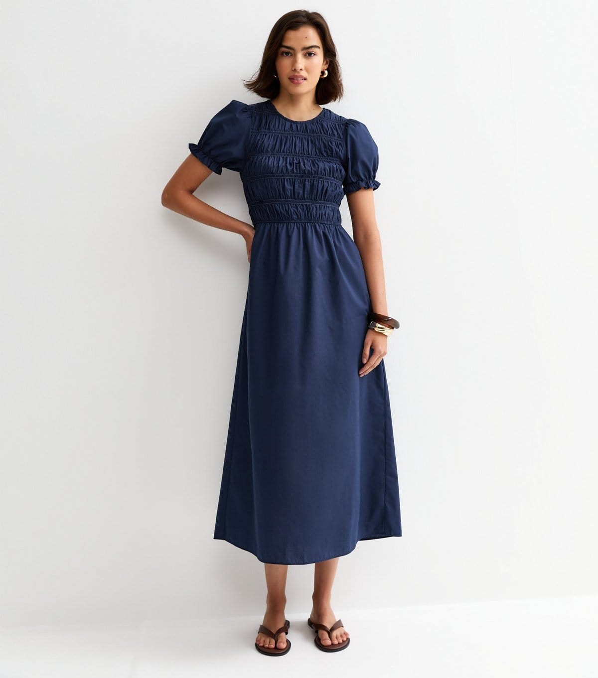 Women's Navy Shirred Poplin Midi Dress New Look