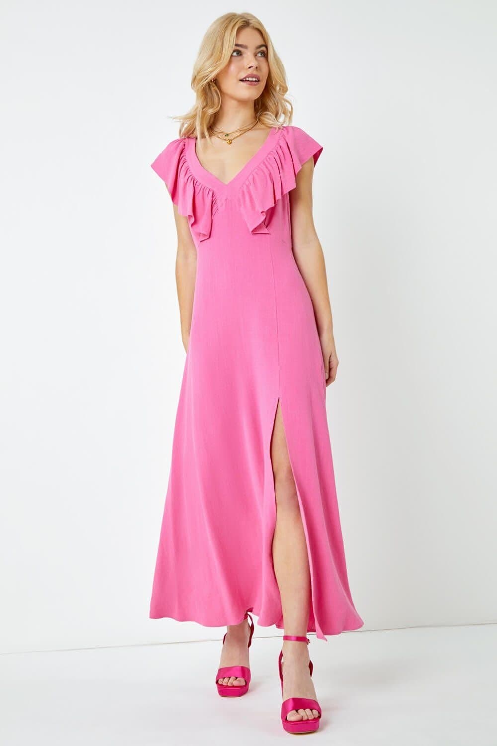 DUSK Dusk Women's Ruffle Detail Midi Dress in Pink