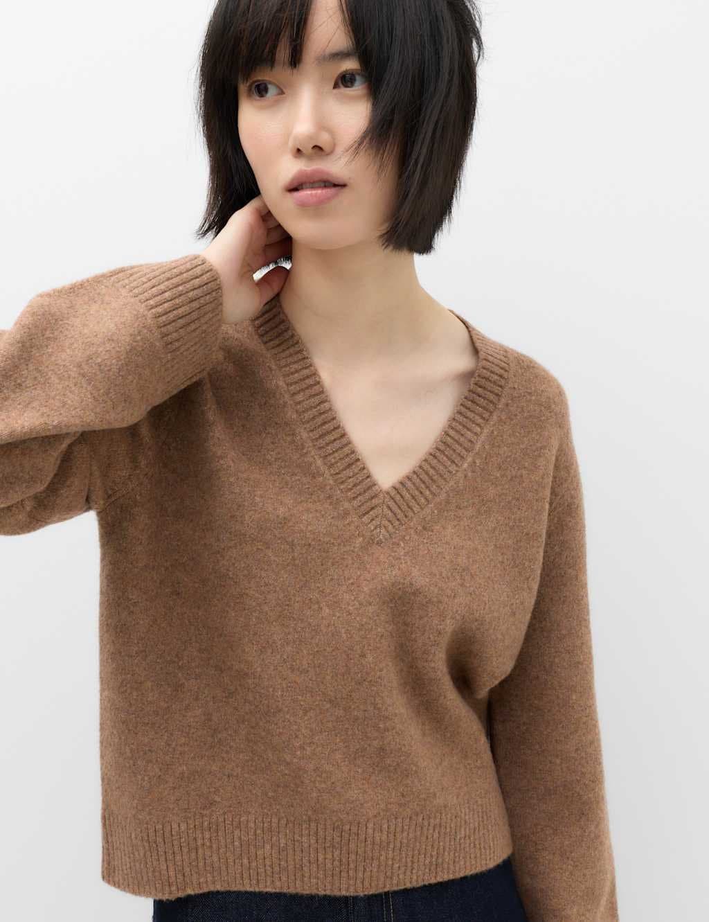 Marks & Spencer M&S V-Neck Relaxed Jumper With Wool Golden Brown