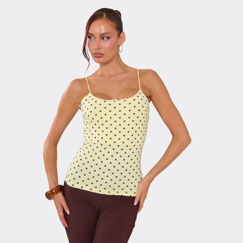 EGO Strappy Cami Top In Lemon Polka Dot, Women's Size UK L - 1