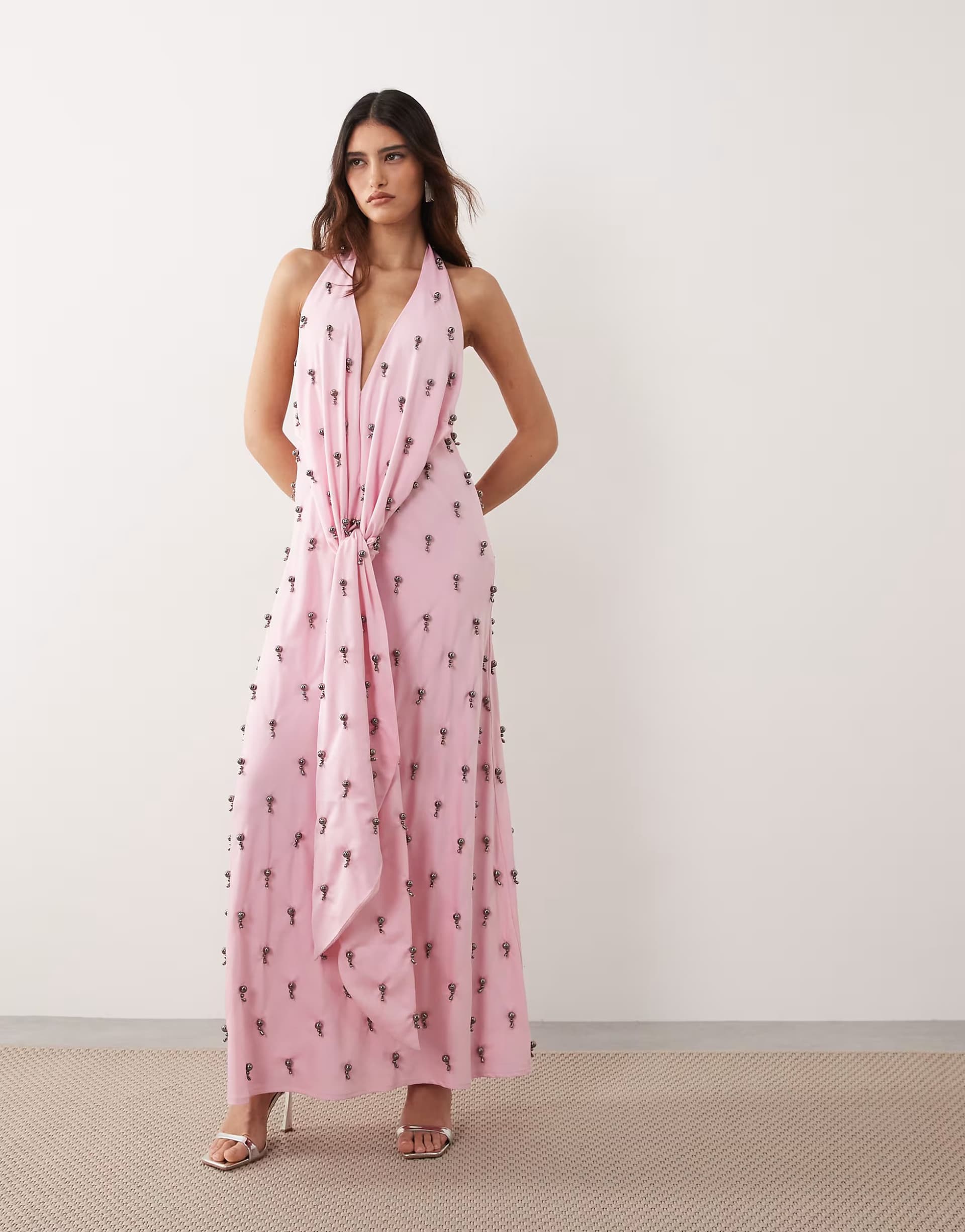 ASOS ARRANGE embellished plunge tie halter maxi dress in pink