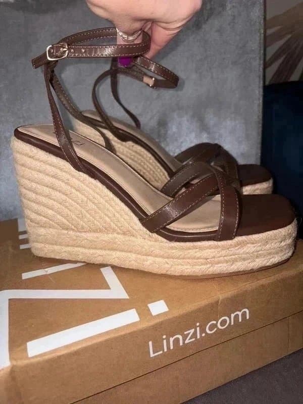PLT NEW chocolate brown faux leather ankle strappy espadrilles beige rope wedge heel summer sandal UK 5